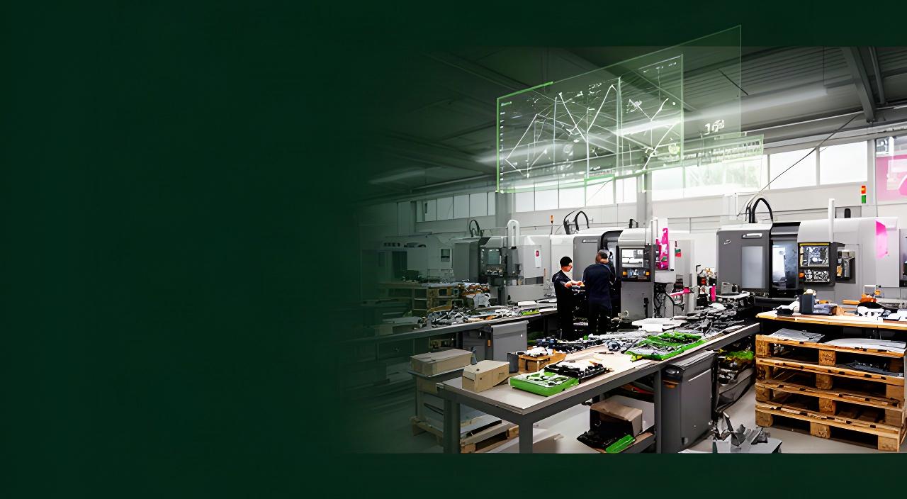 Produktionshalle im Kanton Zürich mit Maschinen, Werkbänken und digitalen Kennzahlen über dem Fertigungsbereich